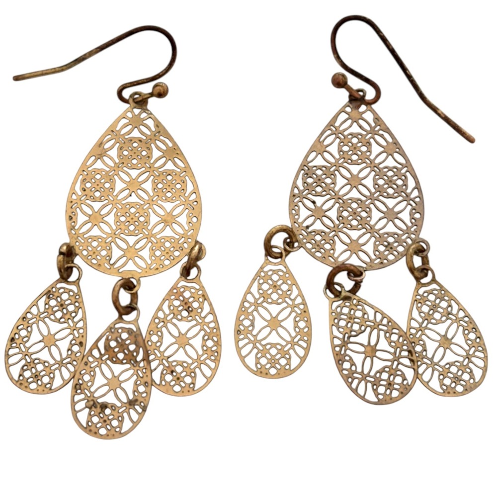Gold Tone Filigree Teardrop Chandelier Earrings Boho Laser Cut Drop Dangle